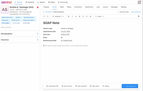 Osmind - Clinical Notes experience built on a customized rich-text editor. Providers can insert structured snapshots of patient data directly into their notes, replacing manual data entry and helping with critical downstream processes like billing, legal protection, insurance claims, and patient follow-up.