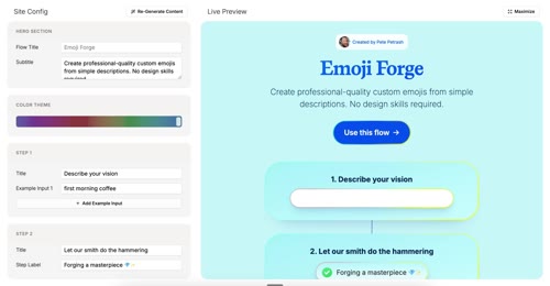 Plumb - A landing page generation tool for Plumb creators to share their flows. Live preview layout with fullscreen toggle. Automatic content generation. Customization options like the color slider for picking algorithmically derived themes with OKLCH support.