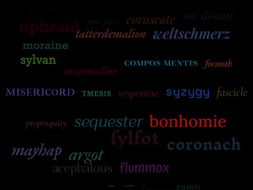 Side Quest - A gallery of rare words, each with its own font and color palette. Words are curated and styled in collaboration with Claude, who helped choose fonts, colors, and write definitions.