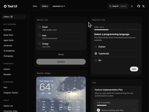 Tool UI - Browsing the interactive component gallery for Tool UI, the first AI tool-call component library. I built 25+ components, each JSON driven, accessible, and copy-pasteable.